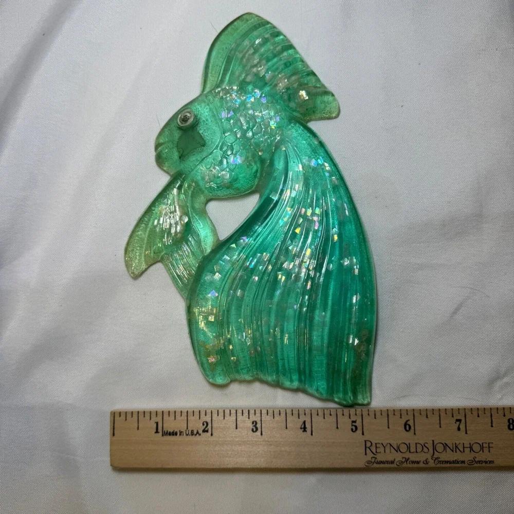 Vintage Green Resin Fish Wall Hanging Iridescent Confetti Nautical Decor 7in